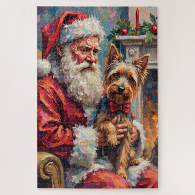 Puzzle Père Noël tenant Yorkshire Terrier Noël  (Vertical)