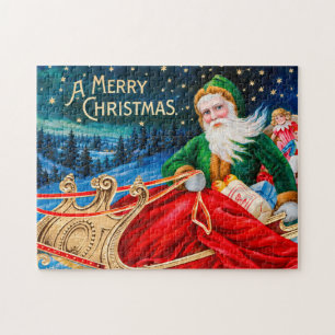 Puzzle Père Noël vert vintage traîneau nuit étoilée Noël