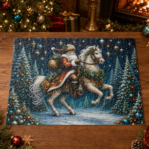 Puzzle Père Noël vintage arbres de Noël cheval
