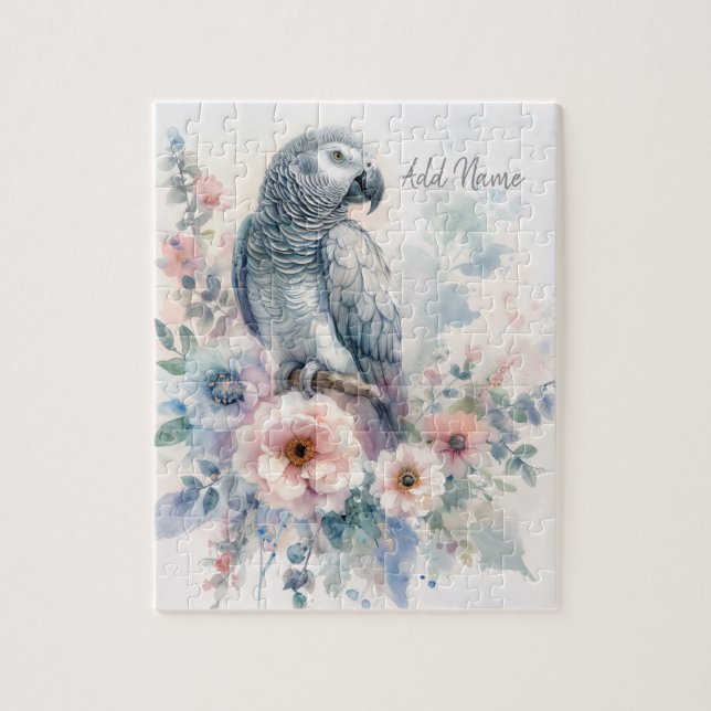 Puzzle Perroquet Gris Africain Floral Pastel  (Vertical)