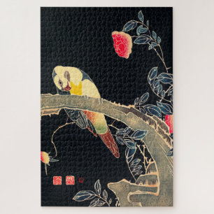 Puzzle Perroquet sur la branche d'un Rose en fleurs Bush