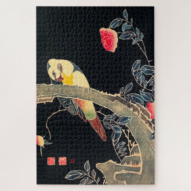 Puzzle Perroquet sur la branche d'un Rose en fleurs Bush (Vertical)