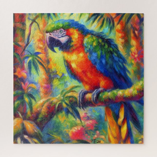 Puzzle Perroquet Tropical Impressionniste Bleu Vert (Vertical)