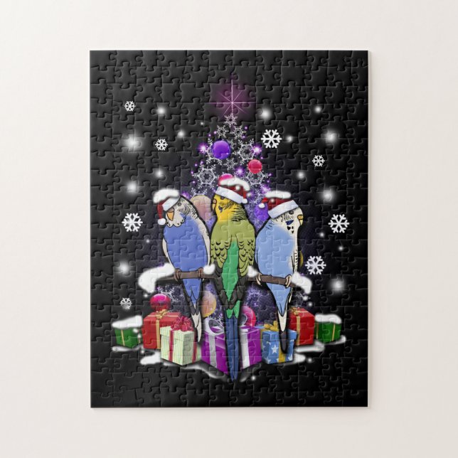 Puzzle Perruches avec le cadeau et les flocons de neige (Vertical)