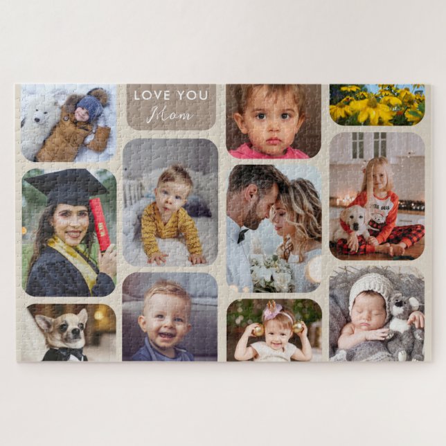 Puzzle    Personalize 11 Photos Taupe Modern Love You Mom (Horizontal)
