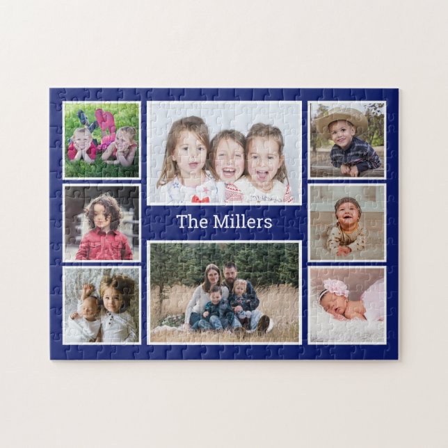 Puzzle Personalized 8 Photo collage Family Name Blue (Horizontal)