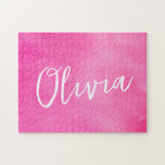 Puzzle Personalized Name Gradient Ombre Pink<br><div class="desc">A cheerful pink watercolor puzzle that’s as fun to build as it is to display. Featuring a soft gradient background and elegant hand-lettered name, this custom puzzle makes a thoughtful gift for kids, teens, or anyone who loves pretty, personalized things. Perfect for birthdays, holidays, or rainy-day activities. A sweet mix...</div>