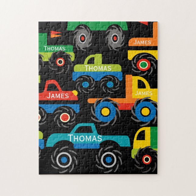 Puzzle Personnalisé 2 Noms Monster Trucks Cadeaux pour ga (Vertical)