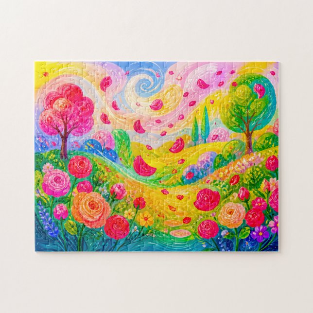 Puzzle Pétales de rose dérivant dans un jardin venteux (Horizontal)