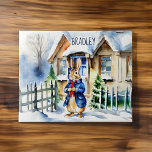 Puzzle Peter lapin hiver cadeaux de Noël nom personnalisé<br><div class="desc">Peter lapin cadeau de Noël à thème d'hiver pour les enfants puzzle de nom personnalisé,  un mignon lapin dans une veste bleue devant la neige chalet d'hiver de beaux cadeaux de Noël pour les enfants</div>