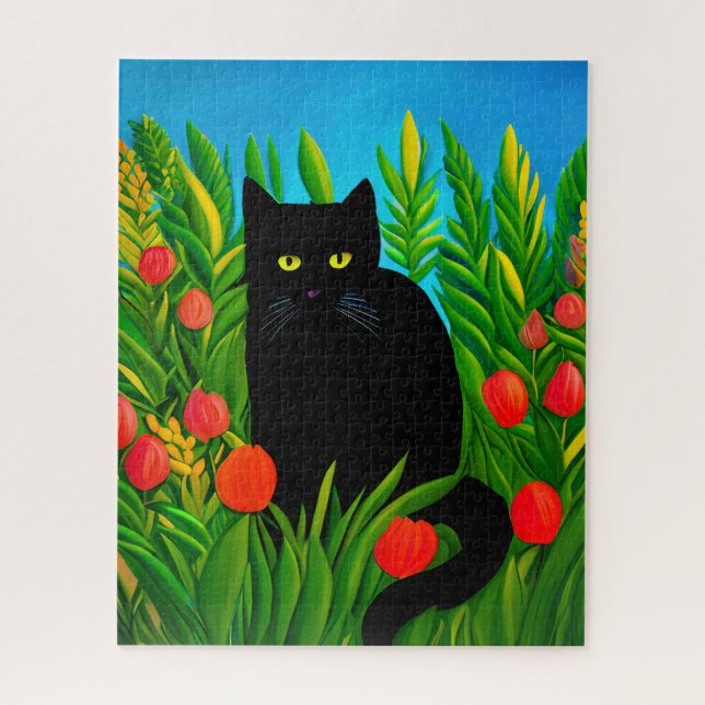Puzzle Petit chat noir dans un jardin de tulipes (Vertical)
