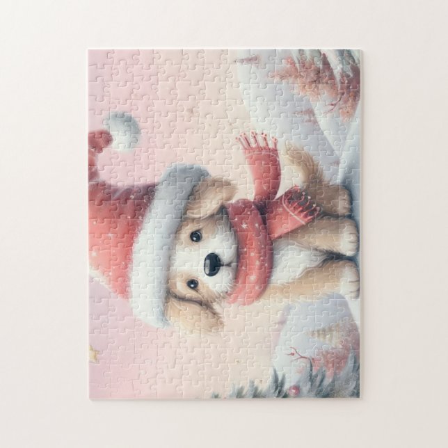 Puzzle Petit chiot de Noël en chapeau santa (Vertical)