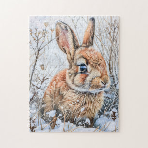 Puzzle Petit lièvre dans un champ enneigé. Lapin Bunny