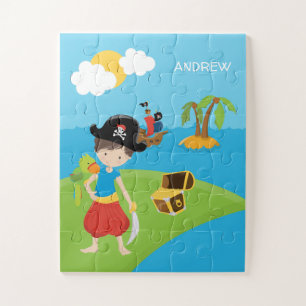 Puzzle Petit petit pirate garçon avec trésor et perroquet