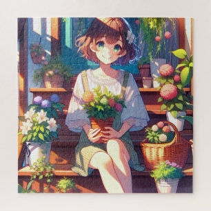 Puzzle Petite fille Anime tenant un Plante
