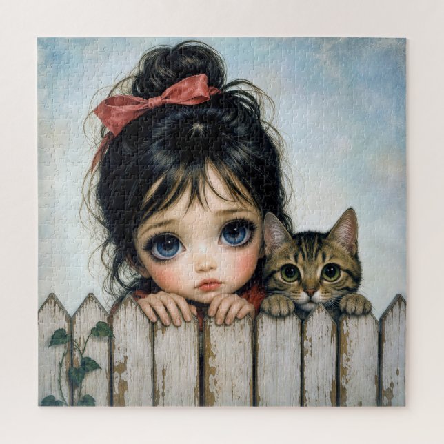 Puzzle Petite Fille avec Grands Yeux et Chat de Compagnie (Vertical)