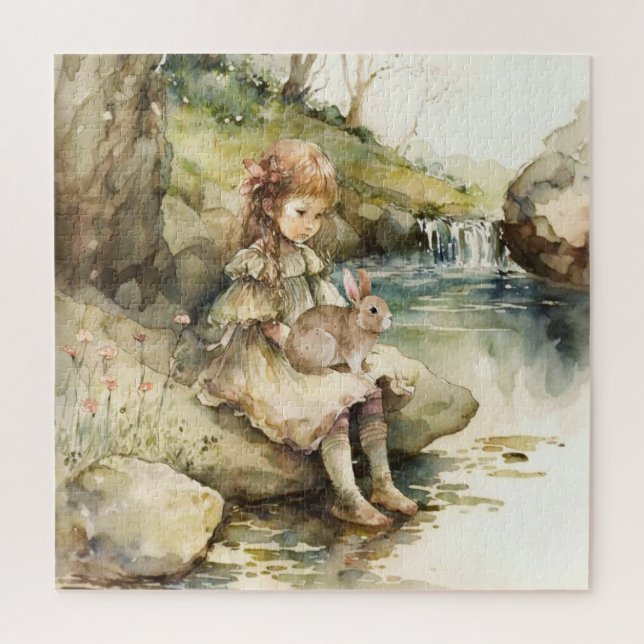 Puzzle Petite fille avec lapin lapin aquarelle peinture (Vertical)