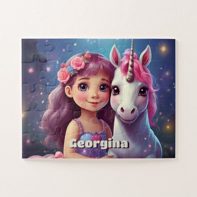 Puzzle Petite fille avec licorne personnalisée (Horizontal)