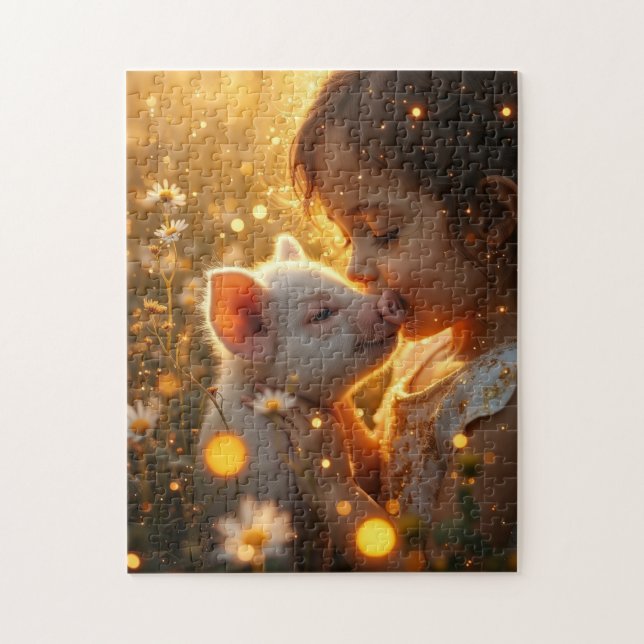 Puzzle Petite fille avec son cochon domestique (Vertical)