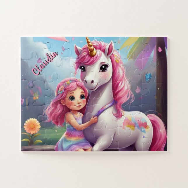 Puzzle Petite fille et Imaginaire Unicorne Personnalisé (Horizontal)