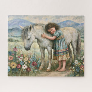 Puzzle Petite Fille Poney Blanc Fleurs Sauvages Prairie