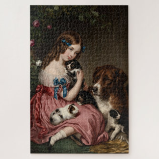 Puzzle Petite Fille Victorienne avec Chiots & Cochon d'In