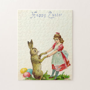 Puzzle Petite fille vintage Danse avec lapin Oeuf de Pâqu