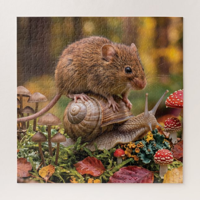 Puzzle Petite souris chevauchant un escargot dans la forê (Vertical)