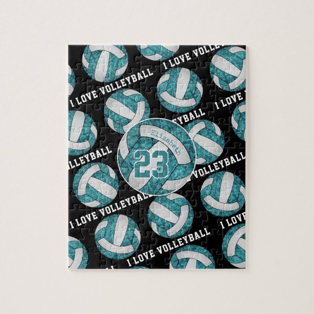 Puzzle petite turquoise blanche noire J'aime le volley-ba (Vertical)