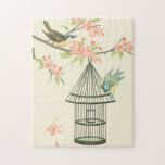 Puzzle Petits oiseaux perchés sur une branche et sur une<br><div class="desc">Nancy Slocum's a peint de nombreux oiseaux au cours des années. Cette image représente deux petits oiseaux bleus et jaunes perchés sur une branche entourés de fleurs roses et qui ont l'air curieux d'une cage d'oiseaux. Obtenez cette oeuvre d'art ornithologique cool sur votre produit Zazzle dès aujourd'hui.</div>