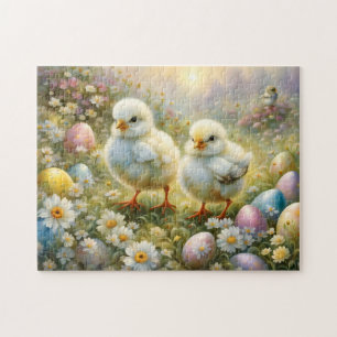Puzzle Petits poussins dans la prairie avec oeufs de Pâqu