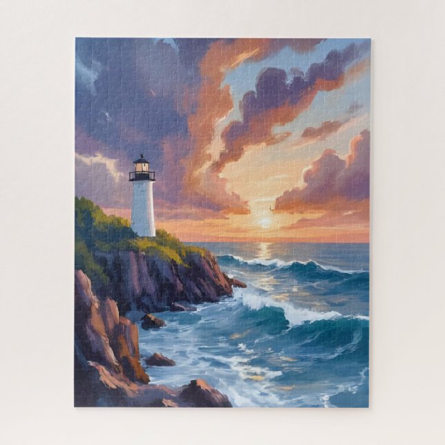 Puzzle Phare côtier au coucher du soleil | Peinture de l' (Vertical)