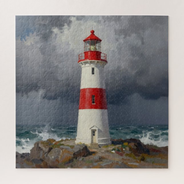 Puzzle Phare côtier rouge tempétueux  (Vertical)