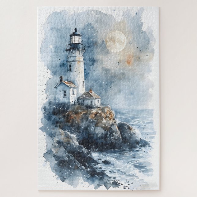 Puzzle Phare éclairé par la lune sur une côte rocheuse (Vertical)