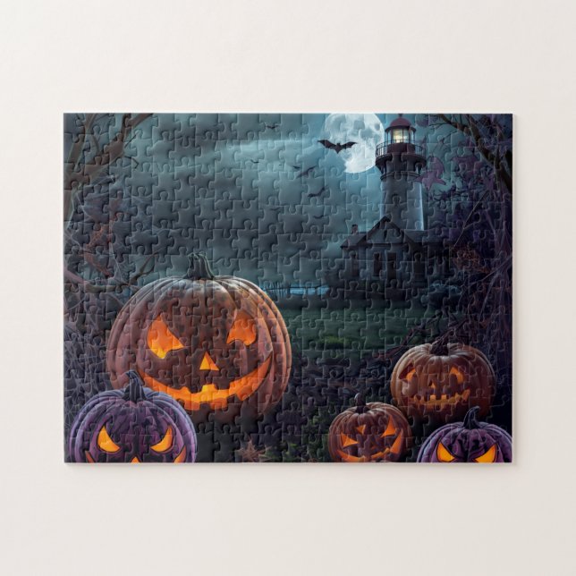 Puzzle Phare hanté avec Citrouilles Éffrayants (Horizontal)