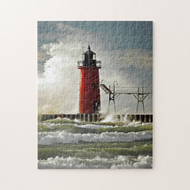 Puzzle phare rouge dans une tempête (Vertical)