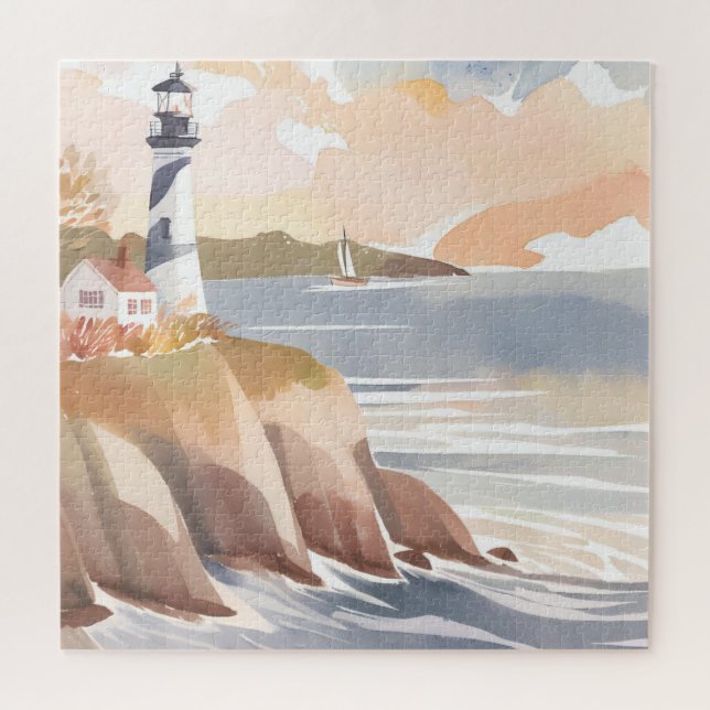 Puzzle Phare sur le rivage | Océan à l'aquarelle (Horizontal)
