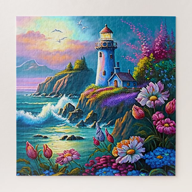 Puzzle Phare Vagues Océan Fleurs Colorées  (Vertical)