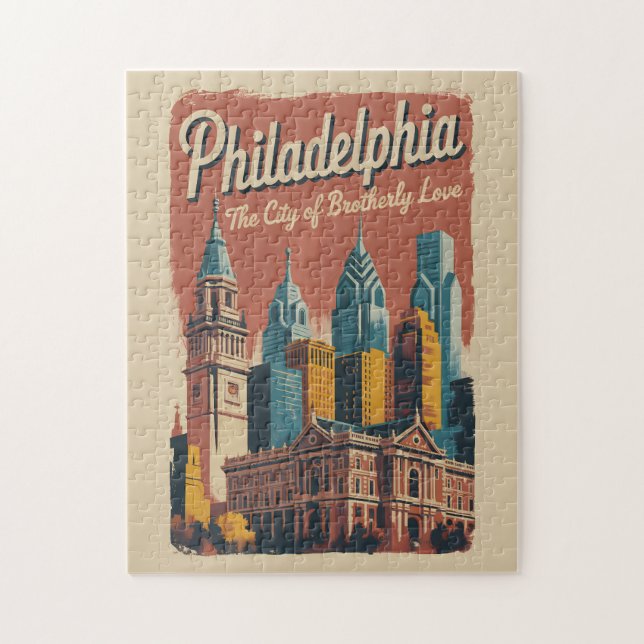 Puzzle Philadelphia Pennsylvania Illustration Travel Art (Vertical)