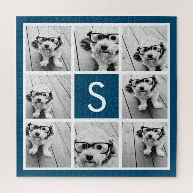 Puzzle Photo Collage personnalisé Monogramme bleu marine (Vertical)