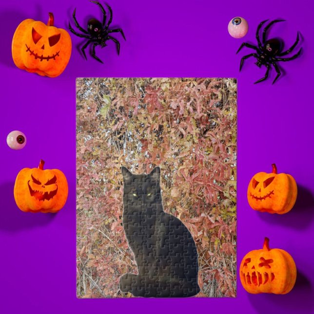 Puzzle Photo de chat noir avec feuilles d'automne orange (Créateur téléchargé)