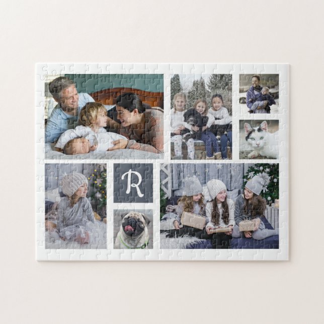 Puzzle Photo de famille Collage Monogrammé 7 Photos Blanc (Horizontal)