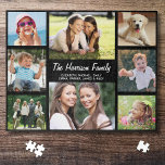 Puzzle Photo de famille noir<br><div class="desc">Un puzzle noir amusant pour vos soirées de jeux en famille avec un collage photo de 8 enfants,  animaux de compagnie,  souvenirs,  etc,  votre nom de famille dans un script blanc élégant et prénoms dans la typographie blanche moderne.</div>