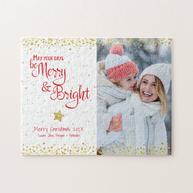 Puzzle Photo Merry Bright Script Gold Parties scintillant (Horizontal)