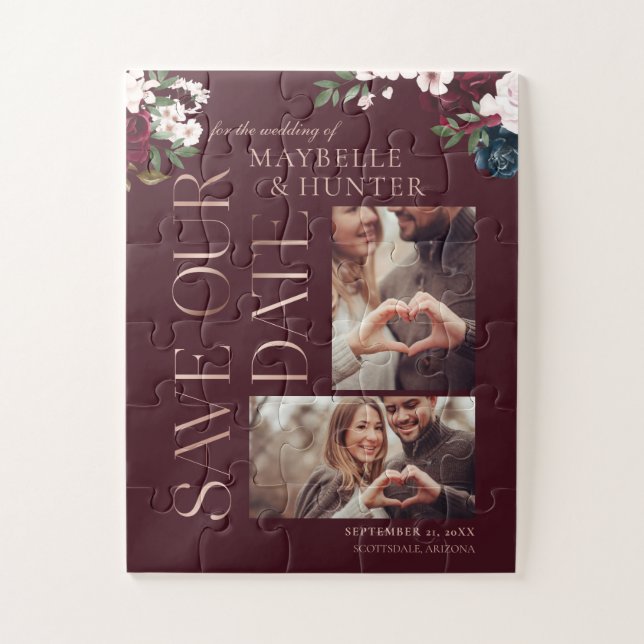 Puzzle Photo Navy & Burgundy Florals Save Our Date (Vertical)
