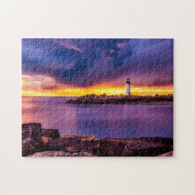 Puzzle photo phare et coucher de soleil avec boîte (Horizontal)