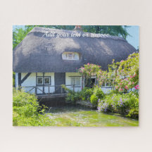 Photographie, cottage et jardin au toit de chaume 