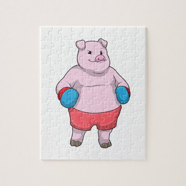 Puzzle Pig at Boxing with Boxing gloves (Vertical)