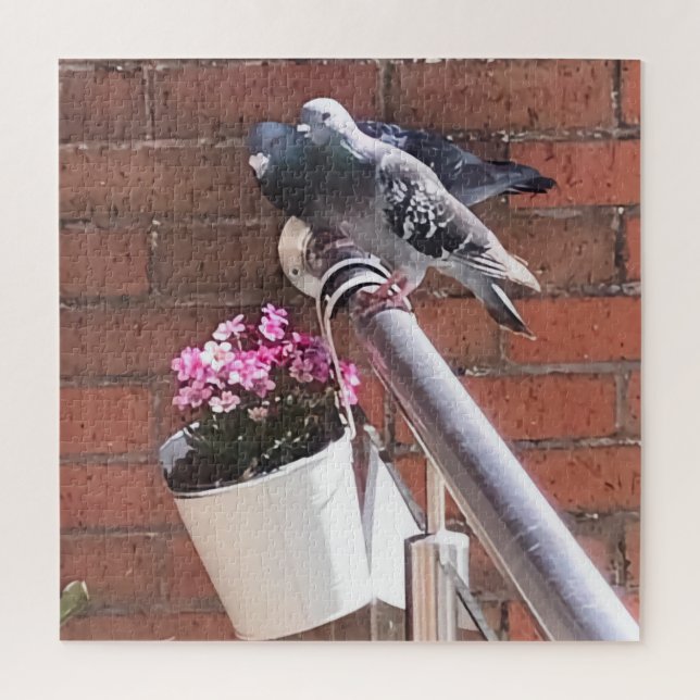 Puzzle Pigeon Pair et Fleurs roses (Vertical)