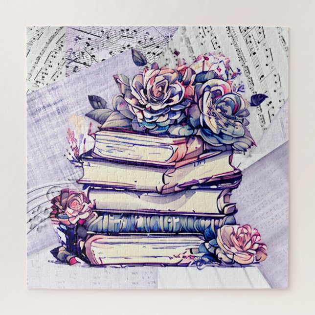 Puzzle Pile de livres anciens et roses (Vertical)